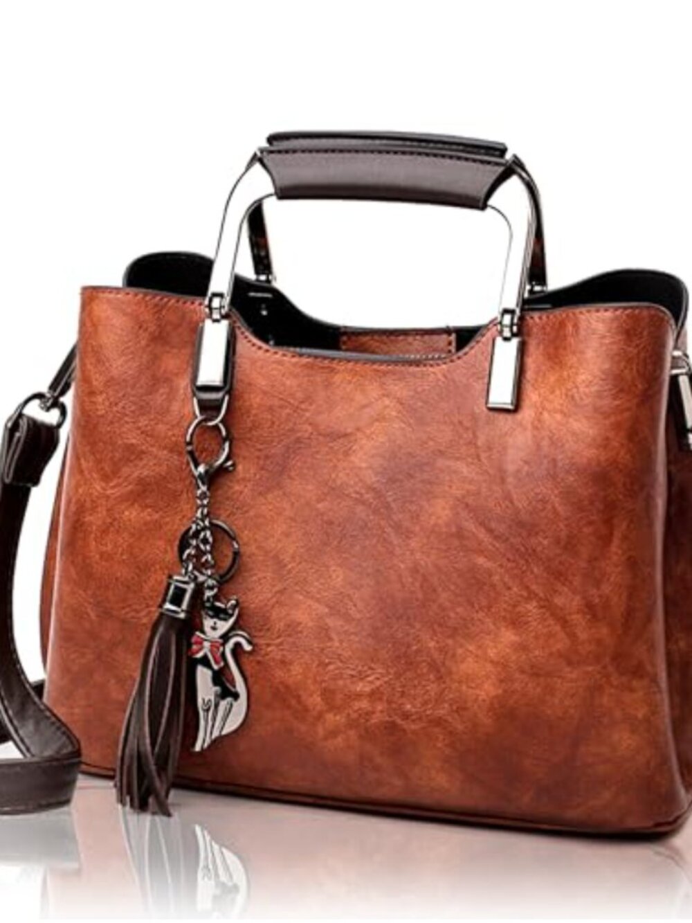 Vegan Leather Satchel Top Handle Crossbody Purse with Charm